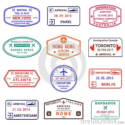 Visa stamp set. Passport stamps with New York, Amsterdam, Toronto, Sydney, Paris, Berlin, Hong Kong and Rome airports. Vector Illustration